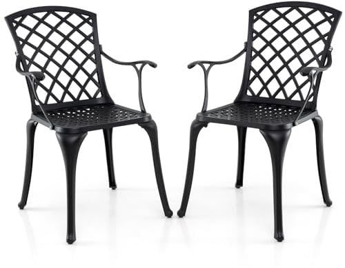 COSTWAY 2er Set Gartenstühle aus Aluminiumguss, wetterfeste Terrassenstühle mit Armlehnen, Balkonstühle für Garten, Balkon, Hinterhof (Schwarz)