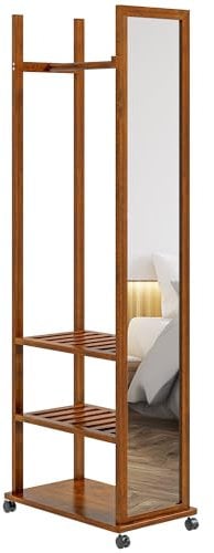 HOMCOM Standspiegel mit Rollen, Garderobenspiegel mit Ständer, Ganzkörperspiegel mit 3 Ebenen, 24,8 x 153,8 cm Garderobe, Kleiderstange, für Schlafzimmer und Wohnzimmer, Walnuss