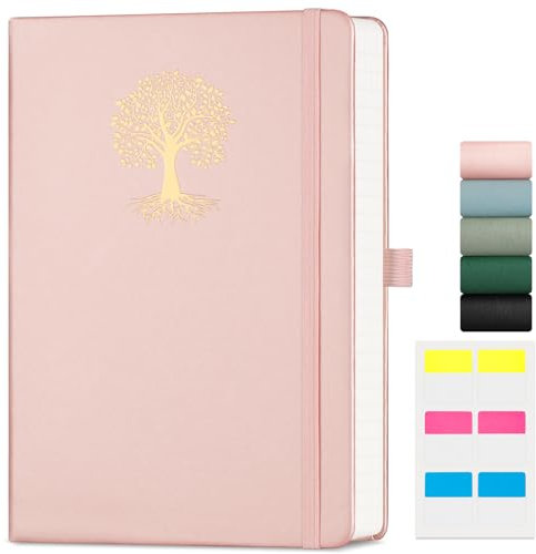 EMSHOI Notebook A5 Lined - 100gsm Hardcover Leather Journal with Sticky Notes, 192 Numbered Pages College Ruled Notebook for Women Men Work School Writing Journaling, 14.5 X 21 cm -Rose Gold