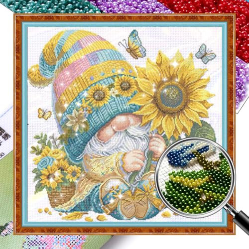 Generisch Diy Kreuzstich Set mit Perlen,Dwarf Perlenstickerei Set,Vorbedruckte Sticksets,9 CT, Einfaches Kreuzstich Set für Erwachsene Und Anfänger 40x40cm -Sonnenblume