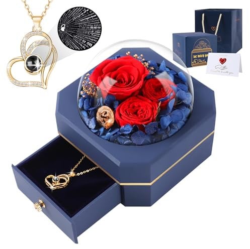 Muttertagsgeschenke für Mama Ewige Echte Rose und 100 Sprachen mit Herz Halskette , Infinity Rosen, Rosenbox ,Geburtstag, Valentinstag, Hochzeitstag Geschenke für Sie Freundin Frauen Ehefrau (Blau)