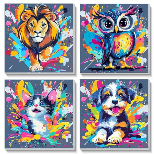 SUNXBUK Peinture Numero Adulte 4 Pcs,Peinture par Numero Animaux Enfant avec Cadre,Kits de Peinture au Numéro Enfant 7 8 9 10 Ans,Peinture Numero D'art Animaux inclure Pinceaux(20 * 20cm)