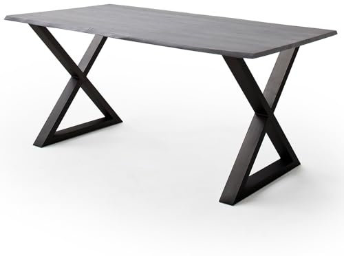 Lomadox Esszimmer Tisch Esstisch Massivholztisch 160x90 cm, Akazie massiv, grau sandgestrahlt, Massivholz/Echtholz, Metallgestell in X-Form, anthrazit lackiert
