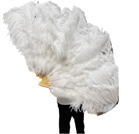 AMEEDA Ostrich feather fan Large 13 Bone Fuffly Feathers Fans 100CM 130CM Rose Red Handheld Plumes fan for Wedding Party Stage Performance Props(White,Right hand 130CM)