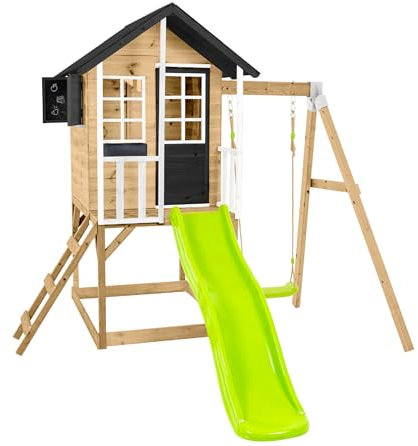 Zwerkules Holz Spielhaus Holli | Kinderspielhaus mit Veranda, Rutsche & Schaukel | FSC-zertifiziertes Kiefer- & Fichtenholz | Natur/Weiß/Grau | Witterungsbeständig & stabil | 137x121x140