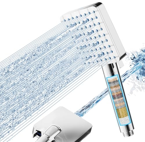 Cobbe Duschkopf mit Filter für hartes Wasser, Hochdruck Duschbrause Wassersparend, Quadratischer Handbrause mit 20-Stufen Filter, 6+1 Strahlarten, entfernt Chlor & Schwermetalle, Chrom
