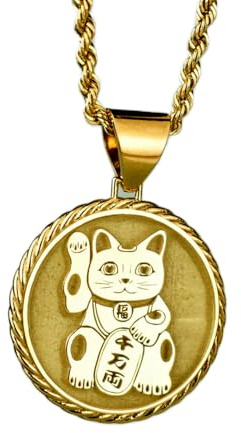 LKBEADS 925 Sterling Silber Luxus Anhänger 22mm, Ohne Kette, Maneki Neko, Glücksamulett, Winkekatze, Japanischer Glücksbringer, Wohlstandsschmuck, Medaille, vergoldet, Handgefertigt|LK_OPC_00363