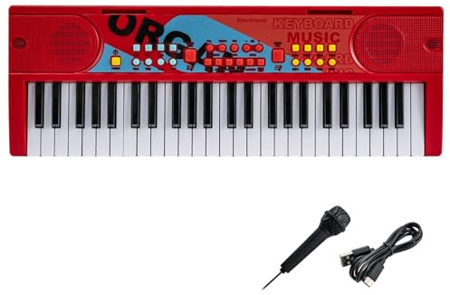 GYMAX Electric Keyboard Piano, Portable Digital Piano with Microphone, Beginner Electronic Keyboard for Kids (Red, 49 Keys: 53 x 19 x 5 cm)