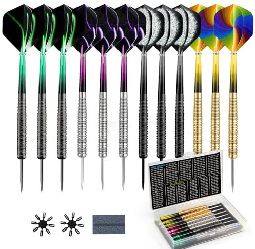 HUANQU 12 Stück Set Dartpfeile Steeldarts 18g – Präzise Dartpfeile Metallspitze mit Dart Tasche, 16 Flightschutz, Dart Schleifstein & Dart Zubehör – Profi Darts für Anfänger & Fortgeschrittene