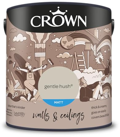 Crown Gentle Hush® 2.5L Walls & Ceilings Matt Emulsion | Rich velvety matt in Gentle Hush. Covers beautifully. Ideal for bedrooms & living rooms. Low VOC, low odour, vegan