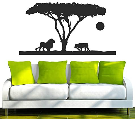 Indigos UG - Wandtattoo Wohnzimmer - Wandaufkleber Afrika - Steppe Löwe mit Tiger 40x 22 cm, schwarz w551 - Aufkleber Kinderzimmer Schlafzimmer Küche Badezimmer Büro Dekoration