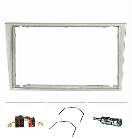 tomzz Audio 2439-010 Juego de panel de radio doble DIN compatible con Opel Corsa C Combo Omega B Vectra C Meriva cromado mate con adaptador de radio Adaptador de antena ISO Soporte de desbloqueo IS...