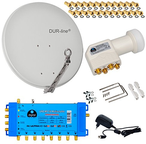 DUR-line Select 8 TEILNEHMER / 1 SATELLIT - DIGITAL SAT ANLAGE: 75/80cm ALU Sat-Schüssel Hellgrau + 0,1dB LNB Weiß Full HDTV 4K + PMSE Multischalter 5/8 + 25 Vergoldete F-Stecker gratis dazu