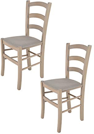 Tommychairs - 2er Set Stühle VENICE für Küche und Esszimmer, robuste Struktur aus lackiertem Buchenholz in Anilinfarbe Hellgrau und gepolsterte Sitzfläche mit STOFF in der Farbe Gämsebraun bezogen