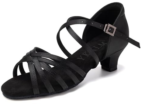 YKXLM Scarpe da Ballo Latino Americano Donna con Punta Aperta Scarpe Danza Latina Bambina con Tacco 4cm,Nero,28 EU