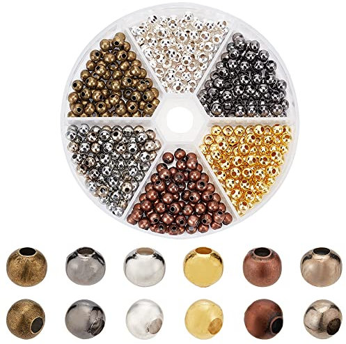 PH PandaHall About 420pcs 6 Colors Iron Round Spacer Beads Smooth Round Tiny Metal Beads for Necklaces Bracelets Jewellery Making, 4-5mm
