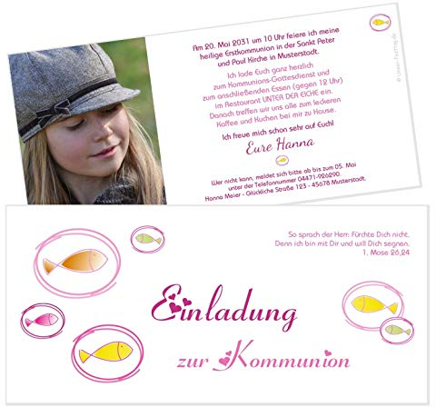 Unser-Festtag Fische Einladung Kommunion Einladungskarten zur Kommunion Mädchen - mit Foto (oder ohne) - Text personalisiert - 20 Karten