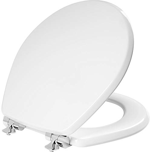 Mayfair 826CHSL 000 Benton Toilet Seat with Chrome Hinges Will Slow Close and Never Come Loose, Round, Durable Enameled Wood, White