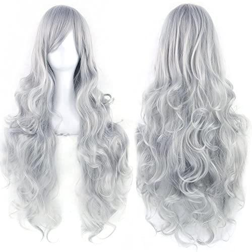 Colorfulpanda lange perücke silber grau für frauen,volles haar mit pony lange lockige gewellte cosplay perücke für mädchen kinder kostüm party Halloween Perücke