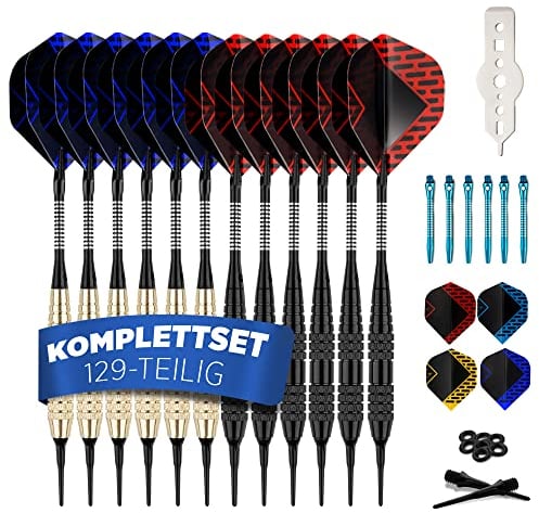 DartPro Dartpfeile mit Kunststoffspitze – 12 Dartpfeile für elektronische Dartscheibe [18g] – Softdarts Set [inkl. 6 Alu Dart Schaft + 21 Dart Flights]