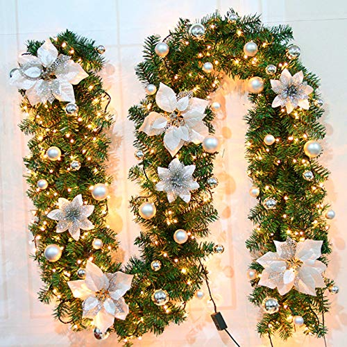RAILONCH Weihnachtsgirlande mit LED, 270cm Künstliche Tannengirlande Weihnachts Girlande mit Beleuchtung Weihnachtsdekoration für Innen und Außen (Weiß,Mit LED)