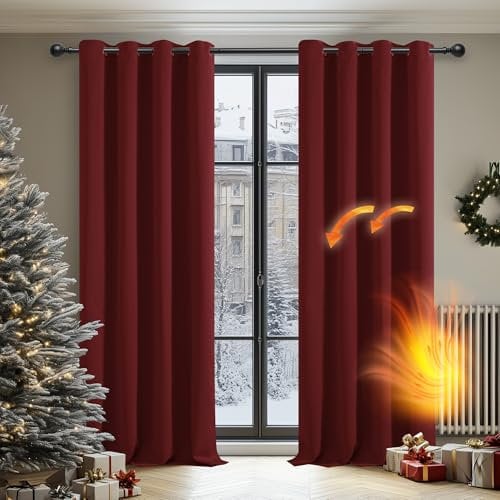 Deconovo Gardinen Blickdicht Vorhang Schlafzimmer Kälteschutz Vorhänge Blickdicht, 160x117 cm(HöhexBreite), Rot, 2er Set