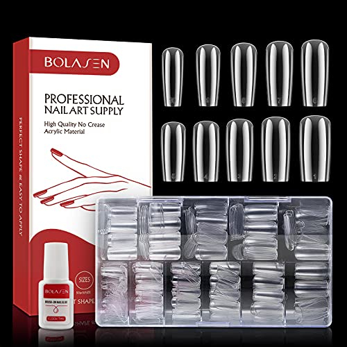 Square Nail Tips, BOLASEN Clear Square False Nails with Glue, 500Pcs Square Full Cover False Nail Tips, Clear Fake Nails Squoval Shape Acrylic Nail Tips for Nail Salon & Home DIY, 10 Sizes