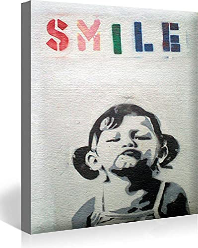 MJEDC Banksy Bilder Leinwand Cute Smile Girl Graffiti Street Art Leinwandbild Fertig Auf Keilrahmen Kunstdrucke Wohnzimmer Wanddekoration Deko XXL 30x40cm(11.8x15.7inch)