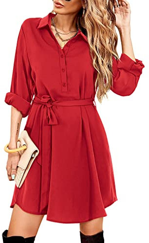 Beluring Ladies Long Sleeve Dress Button Up Shirt Dresses with Pocket Red Size 12 14