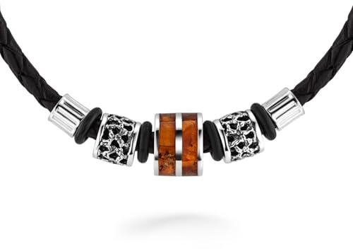 STERLL Herren Halskette Mit Schwarzem Bernstein Anhänger Und Silber 925 Details