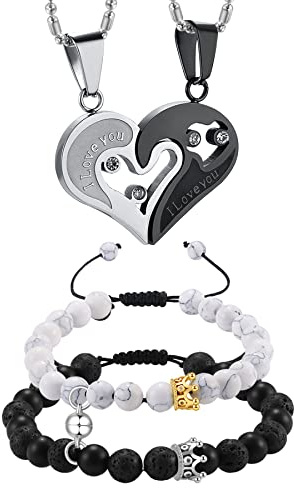 OIDEA Partner Armband mit“I LOVE YOU”Herz Puzzle Halskette set, aus hochwertigem Edelstahl, Silber-Schwarz 4 Pcs für Paar