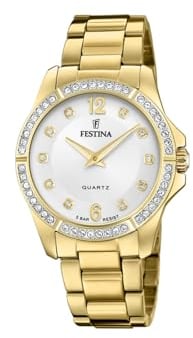 Festina Damen Armbanduhr aus Edelstahl in der Farbe Gold, mit funkelnden Zirkonia, Durchmesser: 34,5mm, Wasserabweisend bis 5 bar, F20596/1