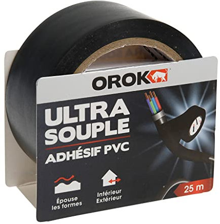 OROK - Rubans adhésifs (Bricolage), Ruban adhésif d'emballage - Ruban adhésif PVC noir 25m x 48mm, Ruban adhésif de chantier PVC noir 25m x 48mm - Souple & extensible - Intérieur / extérieur
