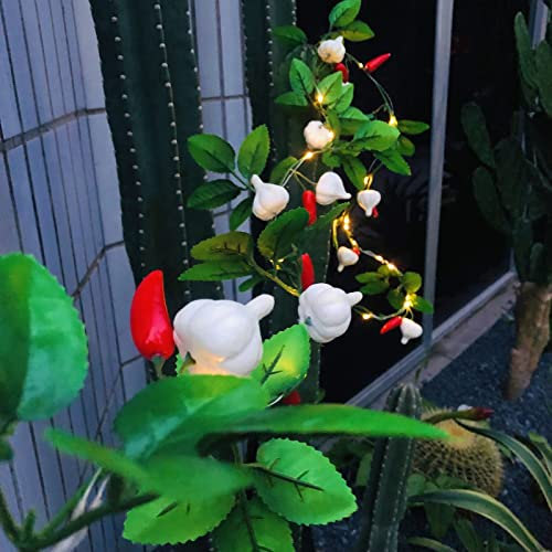Künstliche Chili Knoblauch Schrauben Lichterketten, Grün Blätter Pflanzen Girlande Pendelleuchte Lampe, Warmweiß für Dekoration zu Hause Weihnachten Garten Hochzeit Party (Chili)