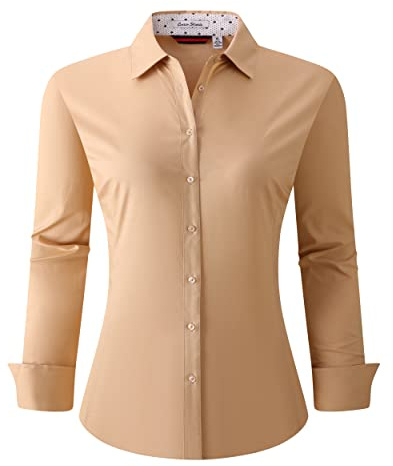 Alex Vando Womens Dress Shirts Regular Fit Long Sleeve Stretch Work Shirt, Khaki, X-Large