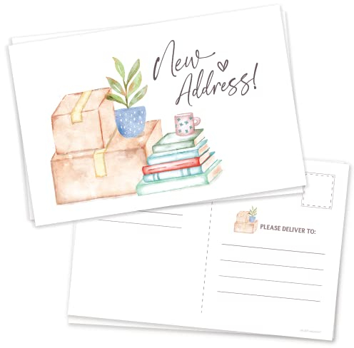 m&h invites 50 neue Adress-Postkarten – Aquarell-Umzugskartons, Bücher und Pflanzen-Design – Änderung der Adresskarten – Umzugskündigung für neues Zuhause