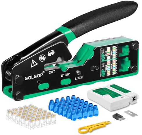 Solsop RJ45 Crimp Tool Pass Through - Cat6 Crimping Tool for Cat5 Cat5e Cat6 8P8C Connector, All-in-one RJ45 Crimping Tool and LAN Tester