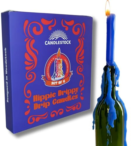 Candlestock Hippie Drippy Drip Candles - Pack of 6 Dripping Tapers - Wine Bottle Melting Candles (Multi Pack (White, Ivory, Black, Blue, Orange, Green))