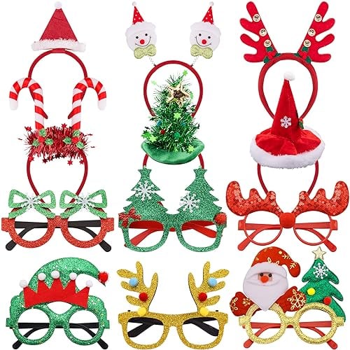 SIQUK 12 Pièces Serre-Tête de Noël Lunettes de Noël Set, Bandeaux de Noël Lunettes de Noël à Paillettes Cadre Lunettes de Noël Christmas Headbands pour Enfants Adultes