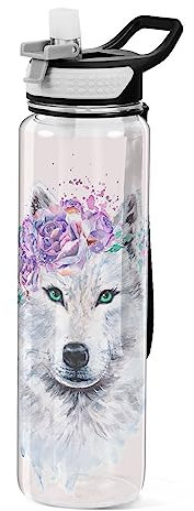 Mnsruu White Wolf Flowers Water Bottle 1L with Straw, Leakproof BPA Free Tritan Drink Bottle, Sport Water Bottle for Men Women Kids