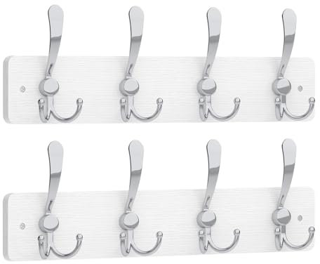 YMYNY Garderobenhaken, 2 Stück in einem Paket, Garderobenleiste mit 8 Dreifachhaken in Silber, Holz, Wandgarderobe für Mäntel, Jacken, Hüte, Taschen, für Flur, Badezimmer, Weiß HWS005W-2