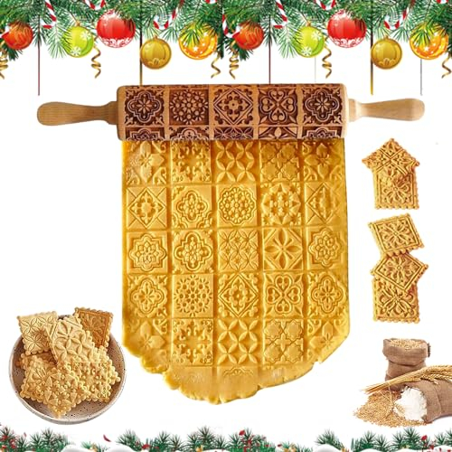 yotutun Teigroller Nudelholz, Muster Prägerolle Holz Weihnachten Präge 3D Holz Nudelholz Teigroller mit Weihnachten Motiv Muster Blumen für DIY Weihnachten Küche Plätzchen Nach