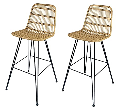 Kosmi Lot de 2 tabourets de Bar Style Nature Aspect rotin en résine tressée et Pieds en métal Noir - Hauteur 63cm