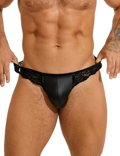 ohyeahlady String Ficelle Homme Chic Hot Jockstrap Cuir PU | Mini String Tanga,Slip Chic Ouvert,Grande Taille,Gay,Dentelle,Sissy,String de Bain,Sous-vêtements,T-Back,Thong