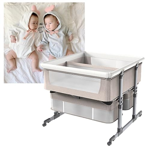 3-in-1 Babybett, Stubenwagen für Zwillinge,Babywiege, Next to Me, Beistellbett Baby, reisegitterbett mit matratze, Moskitonetz, kinderreisebett, Höhenverstellung, mit Aufbewahrungskorb ( Color : Khaki