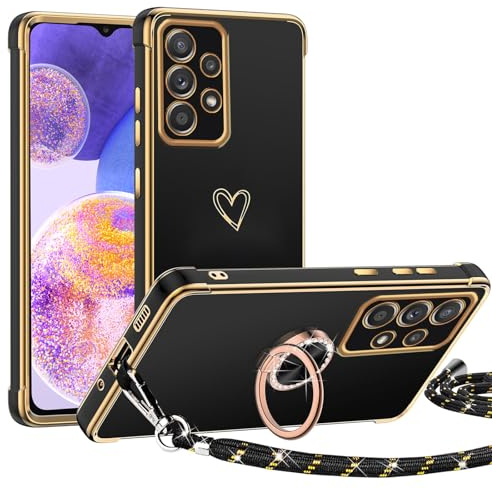 TUUTPU Handyband für Samsung Galaxy A23 5G Hülle mit Band, Herz Muster Handyhülle mit 360° Ring Ständer Dünn Silikon TPU Stoßfeste Schutzhülle mit Abnehmbar Kordel zum Umhängen mit Schnur, Schwarz