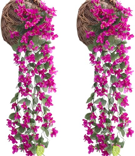 Zfseyuh 2 Piezas Flores Artificiales Colgantes Pared de Flores Artificiales Hiedra Falsa Plantas Artificiales Planta Caída Artificial Rojo-Púrpura 4 Pétalos Flores Decorativas para Exteriores