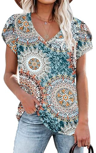 PLOKNRD Damen Tops V-Ausschnitt Blütenblatt Ärmel T-Shirt Sommer Freizeit Kurzen Ärmeln Strand Oberteile(Grün gedruckt,S)