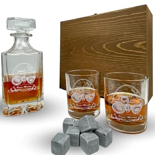 Whisky Set mit Gravur Traktor personalisiert Karaffe 700 ml und Gläser verschiedene Motive Landwirt Bauer Trecker Geschenkbox (Motiv 3: Modern, Karaffe + 4 Gläser)