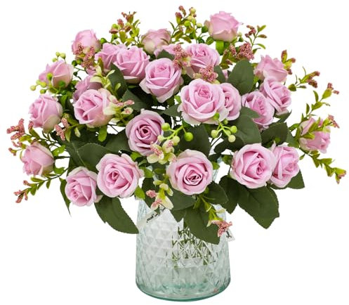 JUSTOYOU Bouquet di rose artificiali, 4 pezzi, rosa in seta viola con 28 rose finte, realistiche, per matrimoni, casa, giardino, feste, ufficio, decorazione (viola)